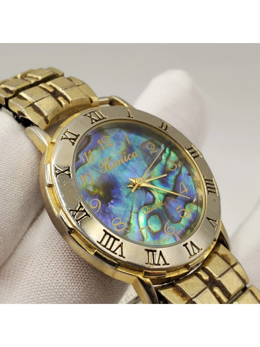 Ronica Watch Women 33mm Abalone MOP Dial Gold Tone Stretch Band New Battery
